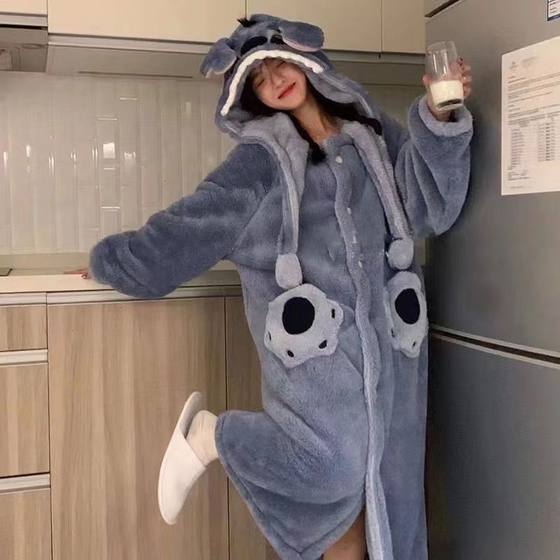 Stitch cartoon couple Net red style pajamas men's and women's autumn and winter coral fleece long nightgown suit men's fleece-lined