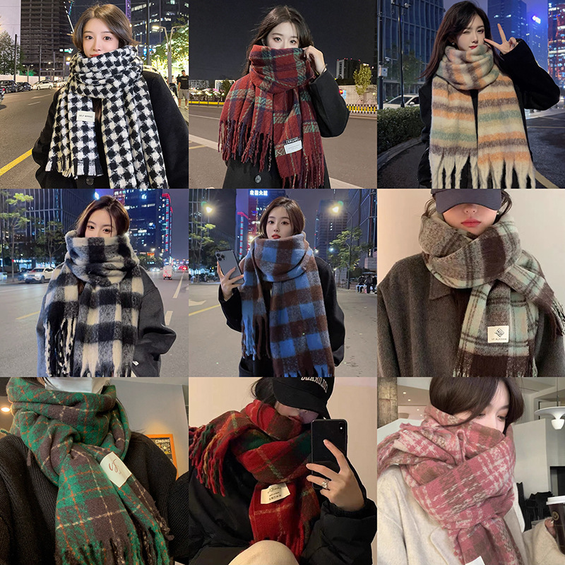 New Plaid Scarf Women's Winter High-end Mohair Imitation Cashmere Scarf Student All-match Warm Shawl Scarf