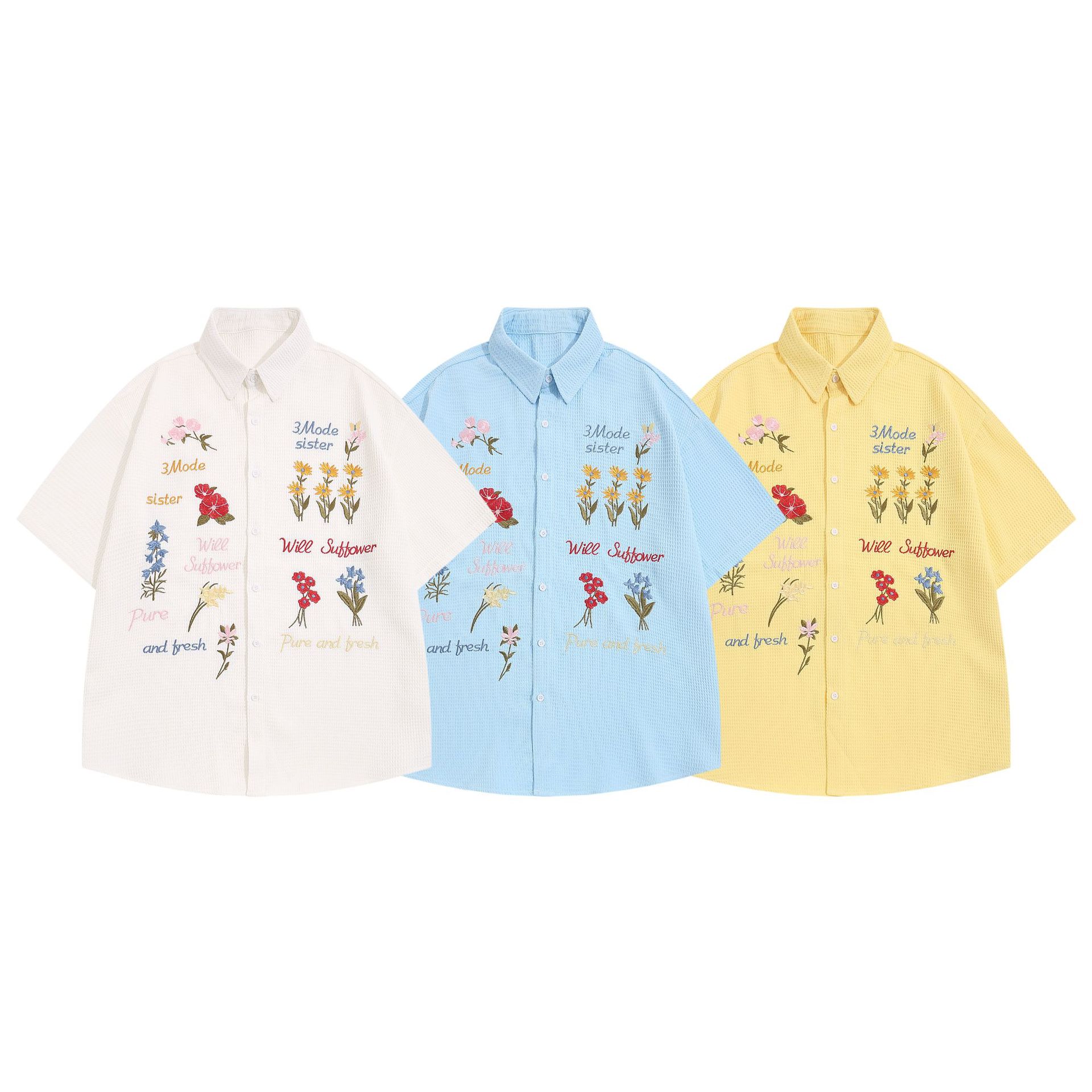 Vintage Bear Embroidered Plaid Short-sleeved Shirt Summer Wear Men's and Women's Loose Lazy Couple Cartoon Half-sleeved Shirt