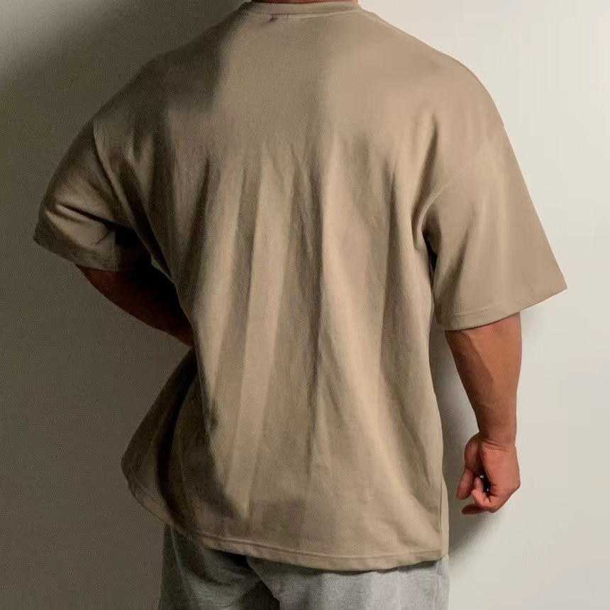 Large Size Loose Short Sleeve Men's Muscle Shoulder Half Sleeve Summer Sports Fitness Top 230g Cotton Heavy Weight T-shirt