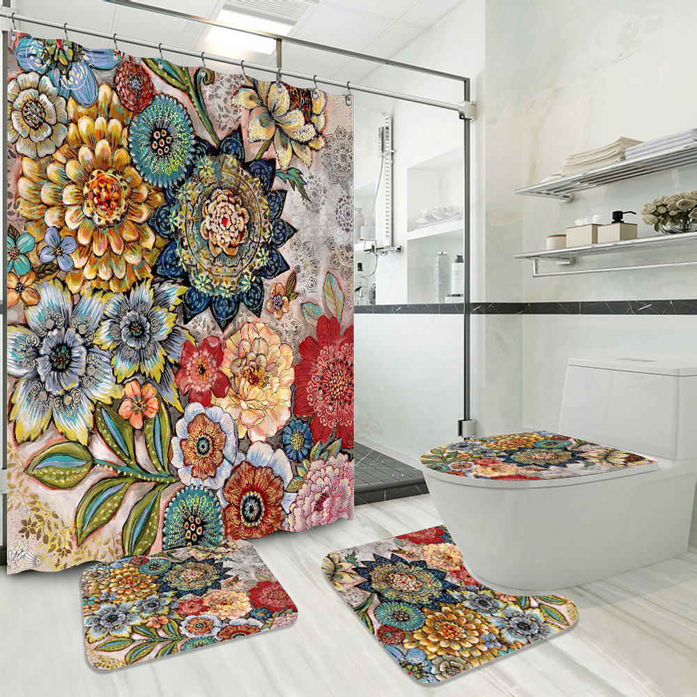 Factory Direct Supply Amazon Hot 3D Digital Printing Polyester Shower Curtain Waterproof Bathroom Shower Curtain Four-piece Set