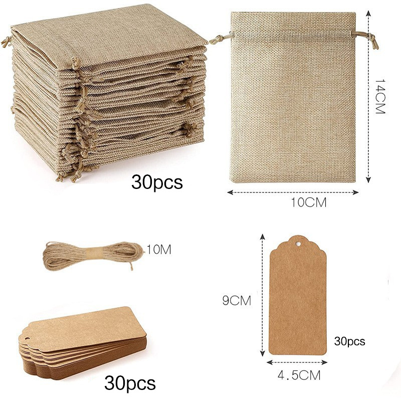 Cross-border 30PCs linen bundle pocket wedding party gift bag Christmas jewelry bag DIY linen bag in stock