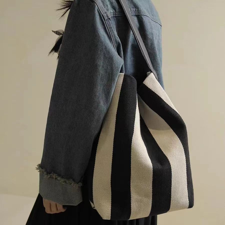 Striped canvas bag bucket bag women's large capacity bag women's New 2023 shoulder bag large bag women's bag