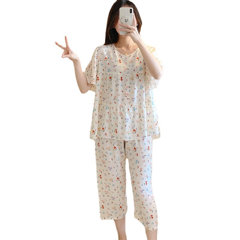 夏の半袖綿のパジャマの女性の洋風の薄いタイプのエアコンの家庭服の日系の少女の甘い学生の綿の服のスーツ|undefined