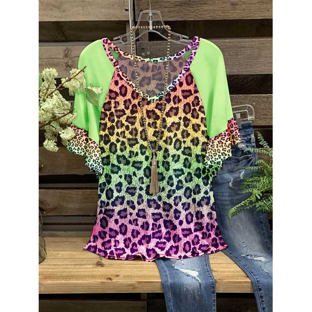 2022 Independent Station Amazon Foreign Trade Spring and Summer New Women's T-shirt V-neck Leopard Print Ruffled Short-sleeved T-shirt