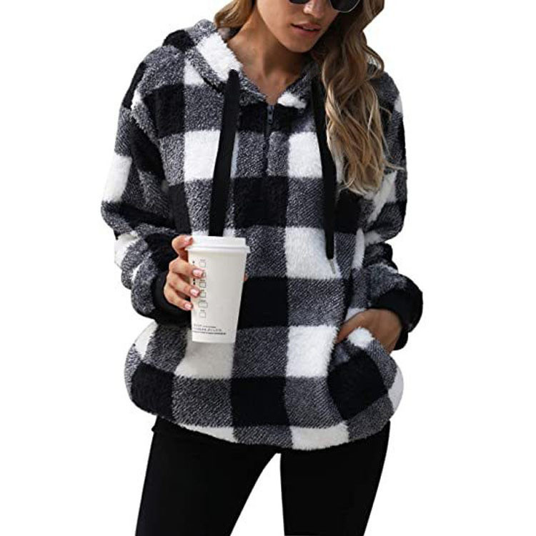 Cross-border Women's Clothing Amazon Explosions European and American Autumn and Winter Hooded Plaid Warm Jacket Long Plush Cardigan Jacket