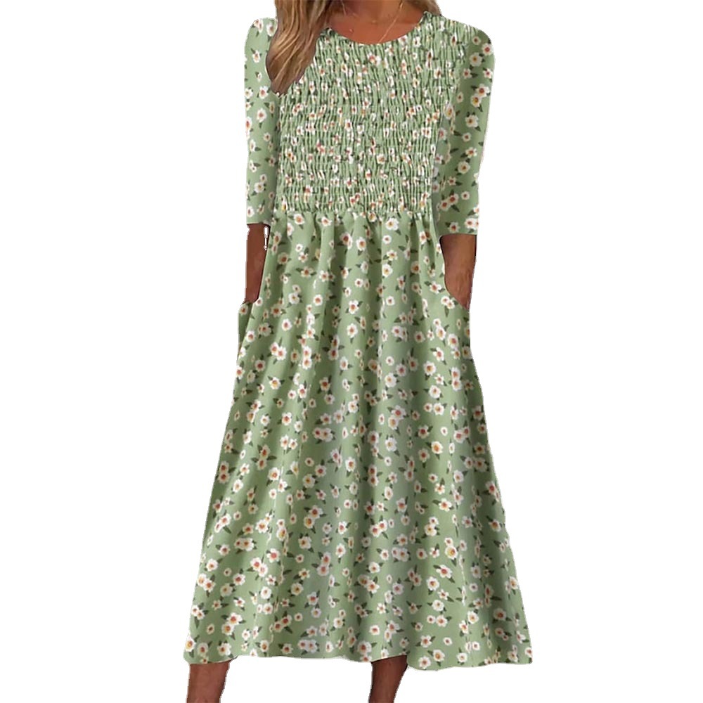 Cross-border Women's Clothing Amazon European and American Elegant Waist Printed Short-sleeved Dress 2023 Summer New Holiday Women