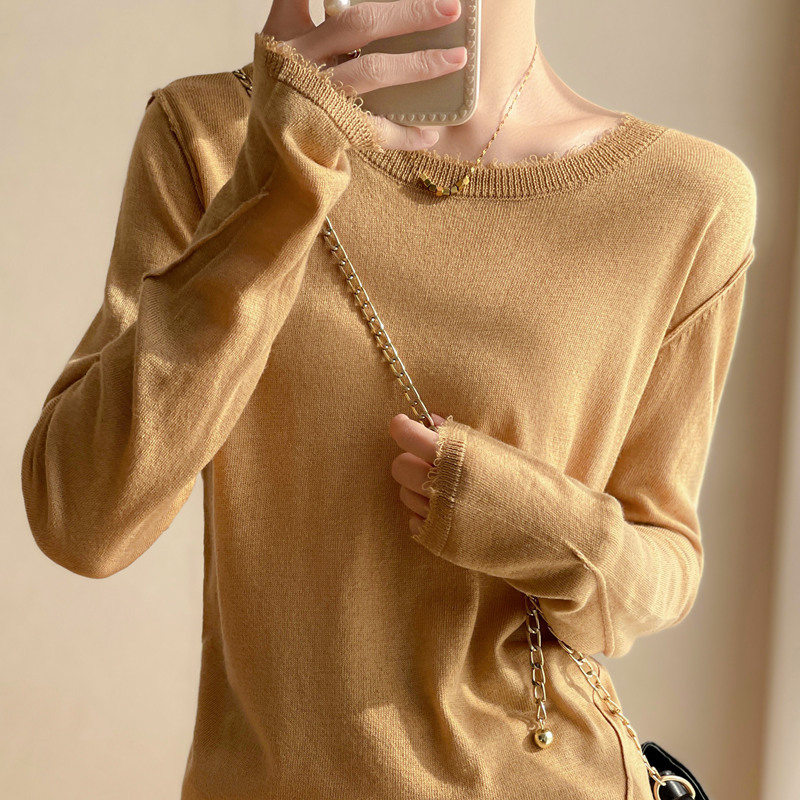 Worsted Merino Superfine Wool Texture Soft Waxy Crewneck Knitted Base Shirt Women's Middle Neck Inner Pullover Sweater for Winter