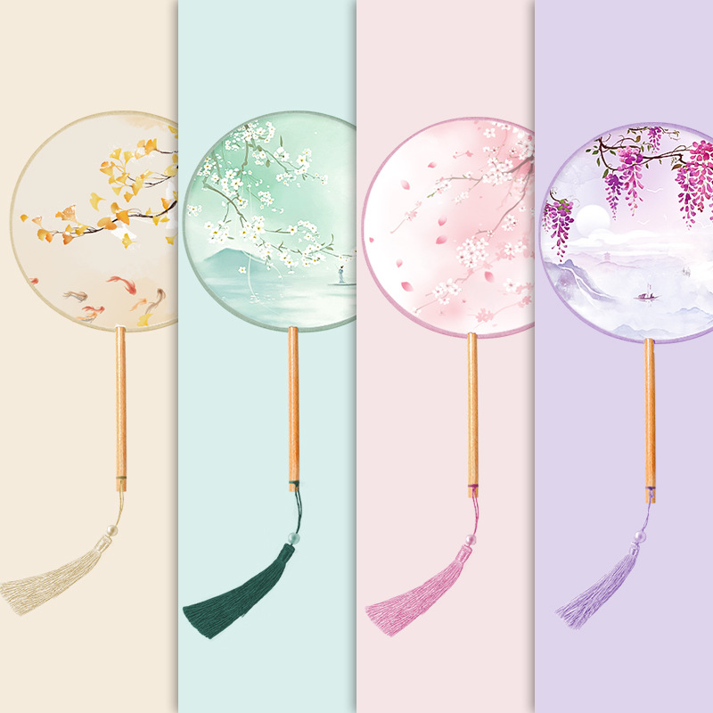 Translucent Long Handle Round Fan Ancient Style Fan Silk Dance Fan Women's Chinese Style Hanfu Cheongsam Ancient Costose Small Round Fan