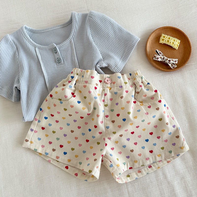 2024 New Summer Children and Girls Korean Style Pastoral Girl Style Color Love Printed Twill Shorts