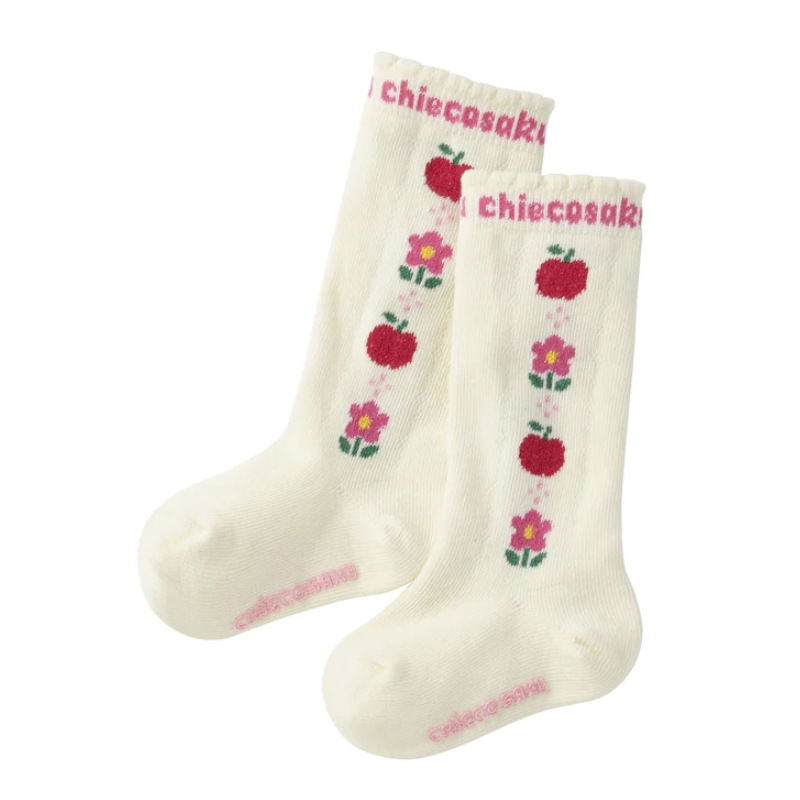 miki兒童襪子 cs女童卡通可愛蘋果花朵刺繡長筒襪寶寶中筒襪