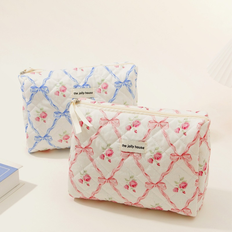 Bow cotton cosmetic bag cross-border ins large capacity storage wash bag high-value handbag inner bag for women