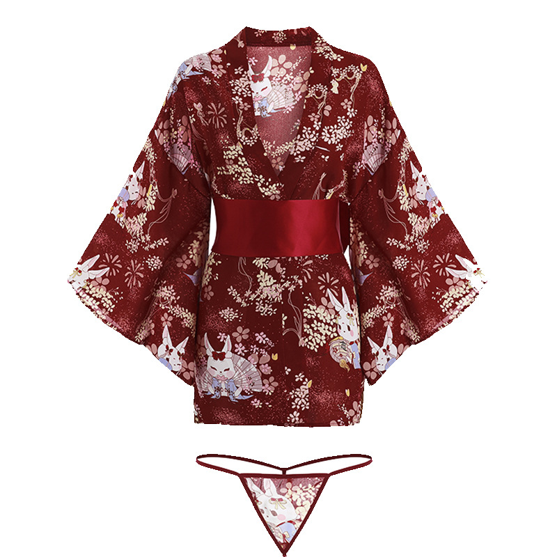 Soft Yanluo Sexy Underwear Sexy Kimono Deep V Temptation Japanese Printed Thin Kimono Bed Suit Uniform 023