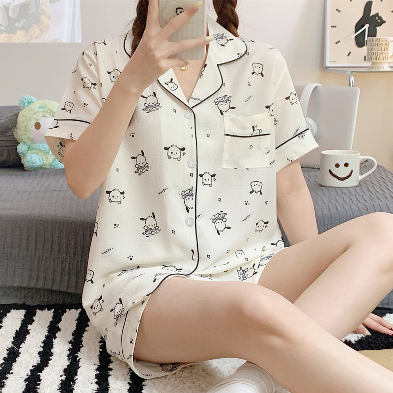 Summer short-sleeved cardigan pajamas for women woven bubble cotton wrinkled fabric ins cute thin cardigan home wear set