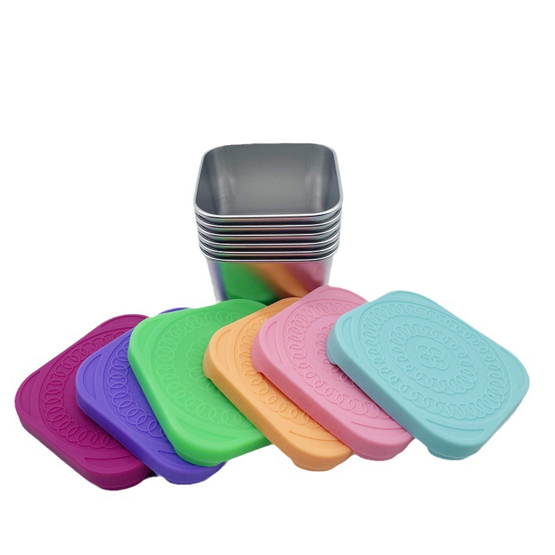 Stainless steel square seasonings cup sealed fresh-keeping box portable leakproof salad dressing with silicone lid snack box container
