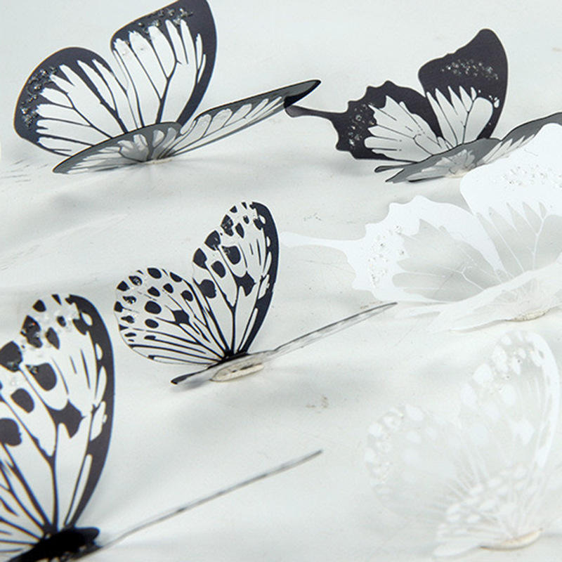 18 black and white color glitter three-dimensional butterfly wall stickers living room bedroom wall decoration stickers wall layout creative