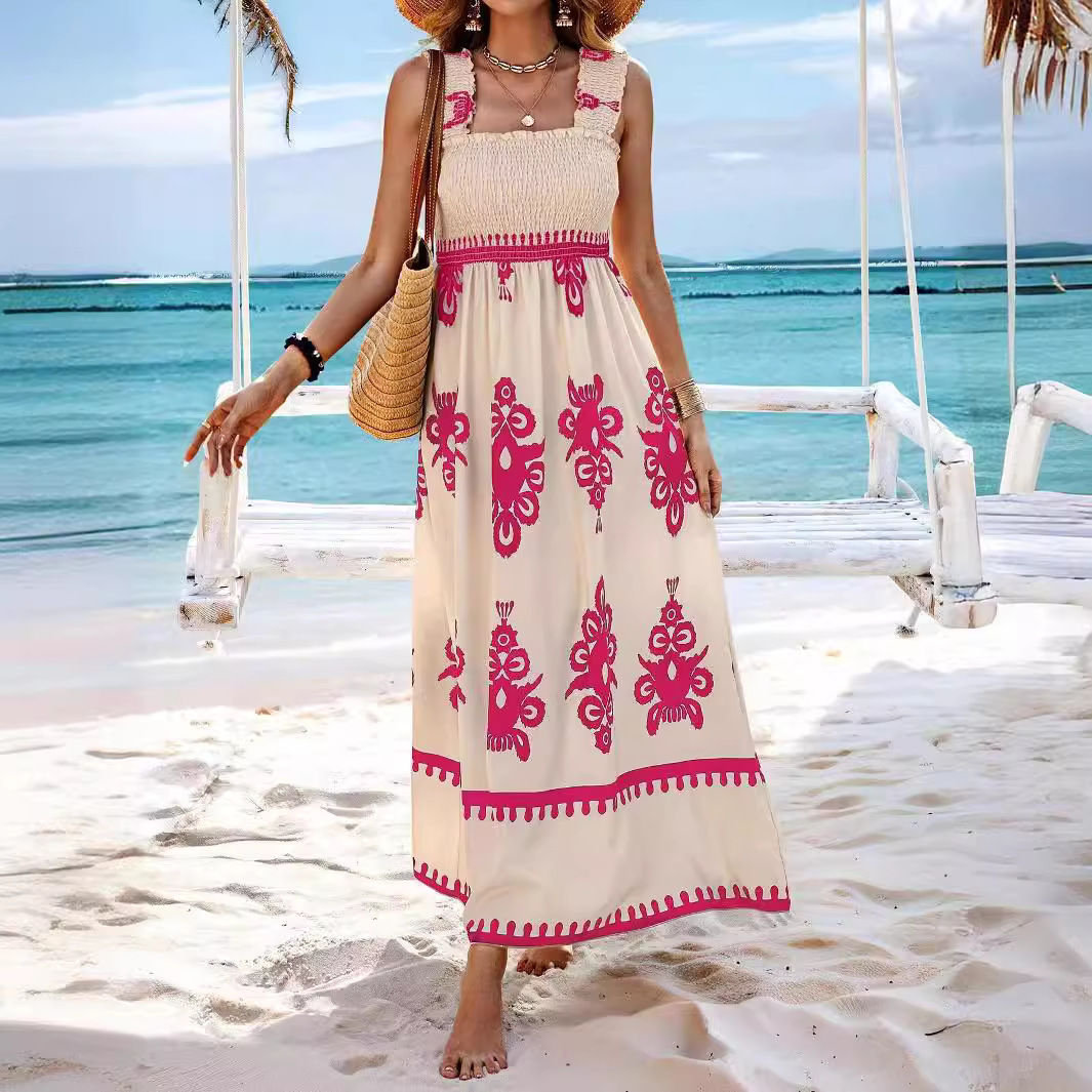 2024 European and American New Women's Clothing Amazon Hot Selling Women's Beach Dress Vacation Style Printed Chest Wrap dress