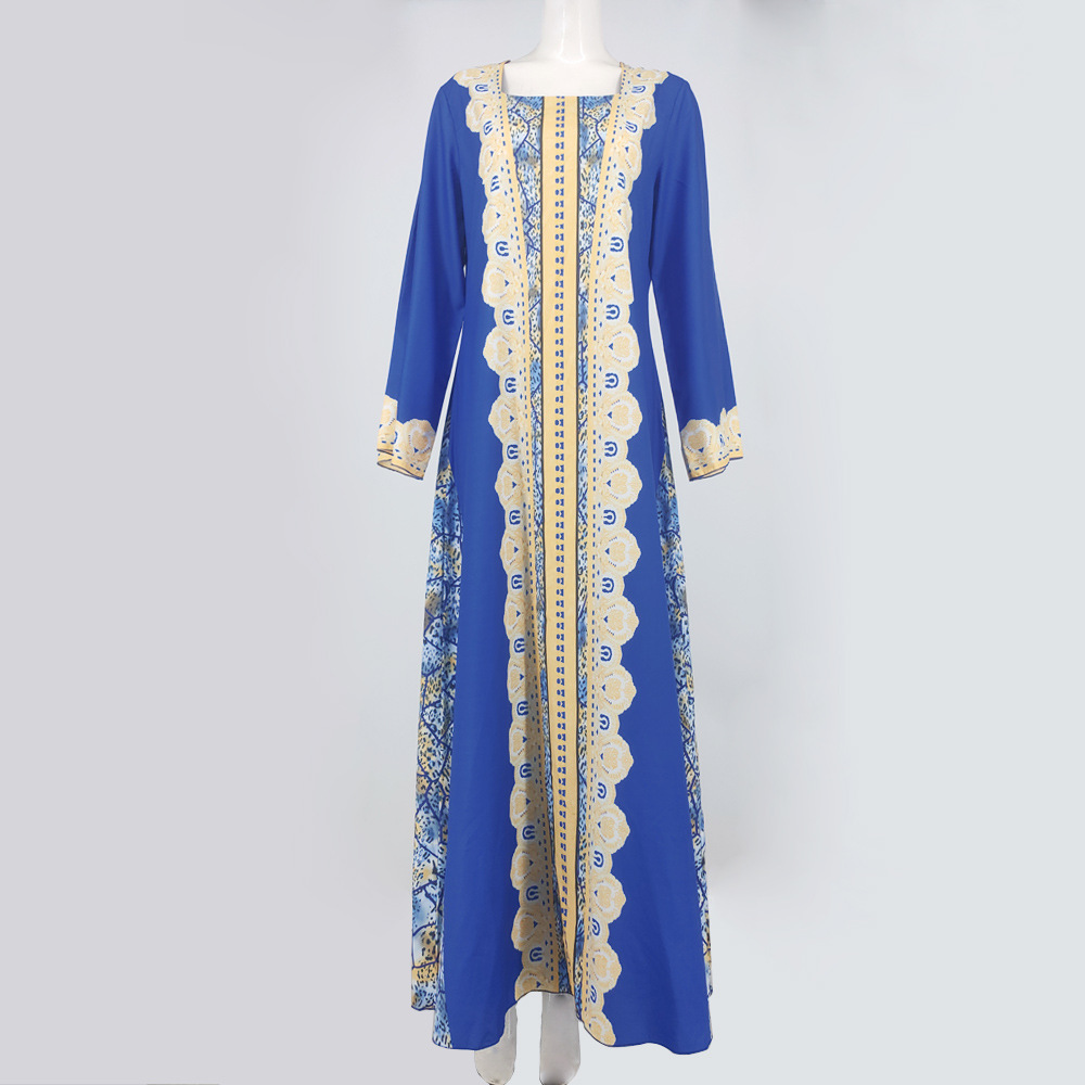 Cross-border New Women's Long-sleeved Dress Skirt Middle East Ethnic Print Muslim Robe Europe and America Dubai dress