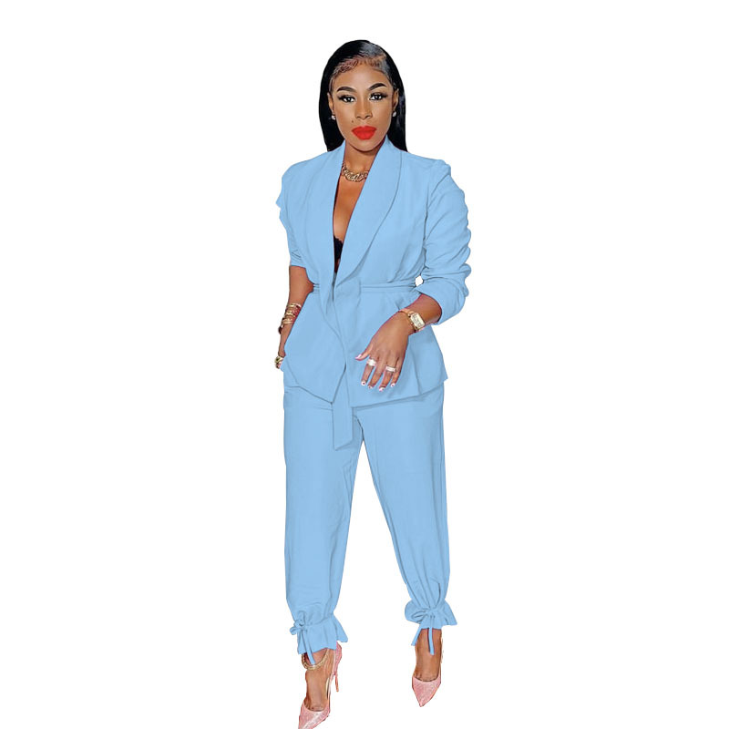 211276 Spring and Autumn new European and American solid color lace-up long-sleeved small suit top fashion casual ankle-tied pants suit