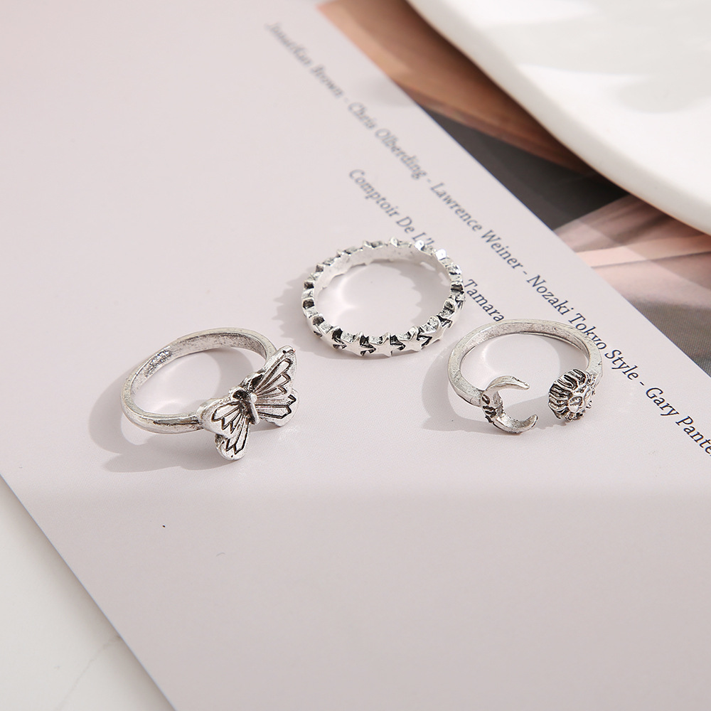 Creative Retro Sun Butterfly 3 Piece Set Open Ring Do Old Creative Personality Open Joint Ring_voghion.com