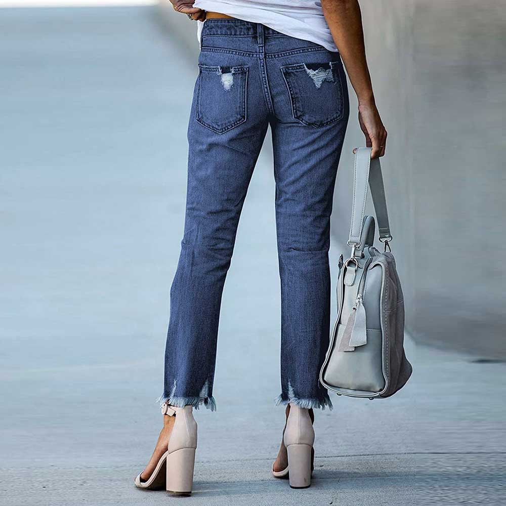 2023 New Women's Straight Tassel Jeans Amazon Cross-border Independent Station Slim-fit Ripped Pants Women