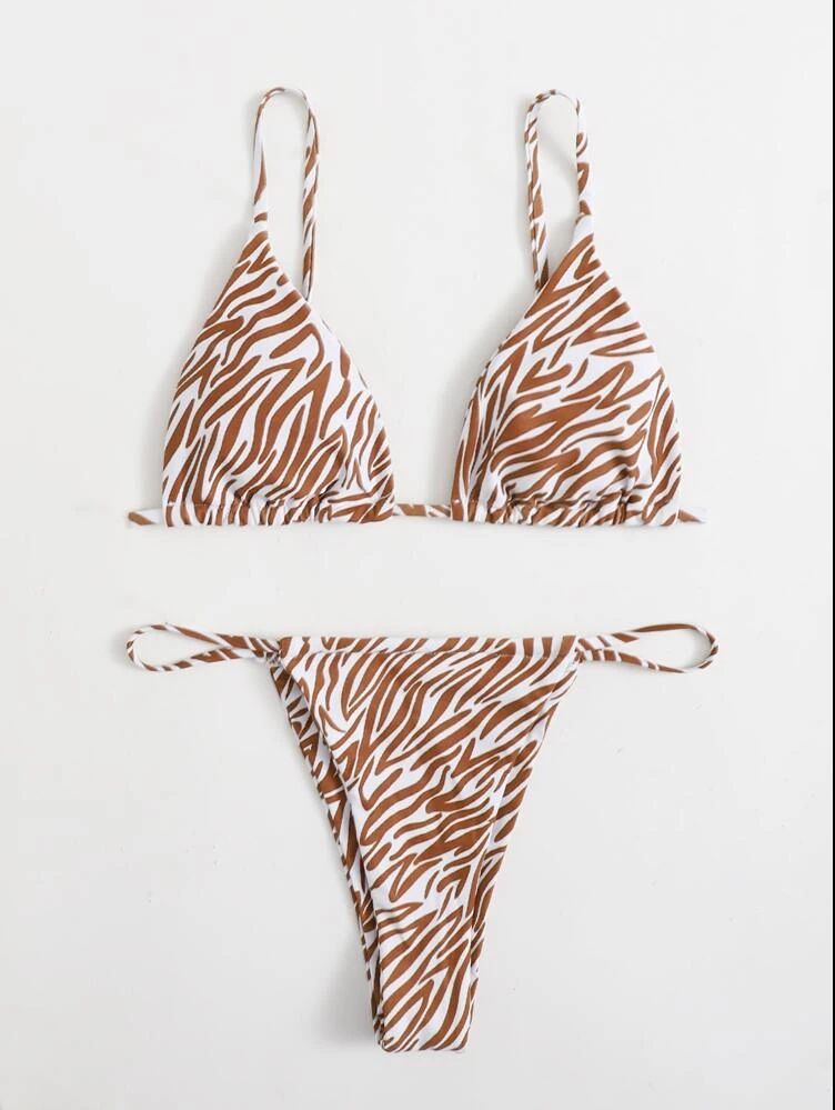 European and American Sexy Triangle Split bikini Swimsuit Cross-border Foreign Trade Striped Printed Drawstring Women's bikini Swimsuit
