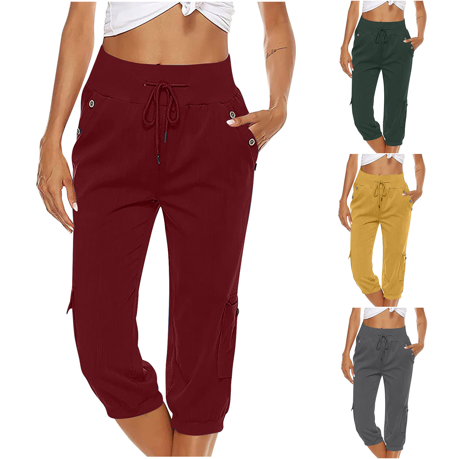 Amazon eBay Cross-border European and American Women's Solid Color Drawstring Loose Casual Tooling Wide-leg Straight Cropped Pants with Mouth