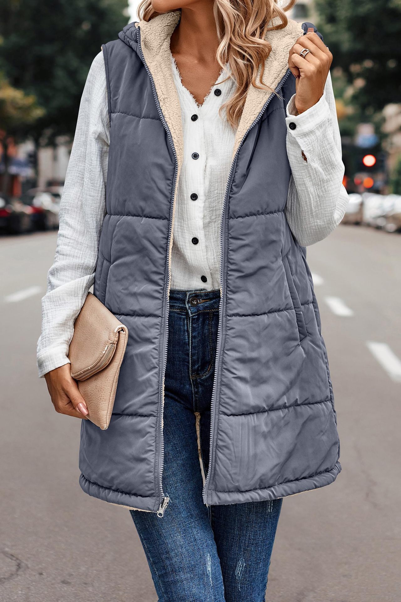 In stock 2023 new European and American solid color hooded cotton-padded vest double-sided warm cardigan windproof coat_voghion.com