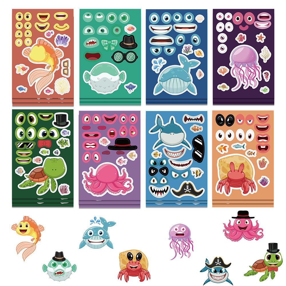 Toy Puzzle sticker marine creature Make a face sticker DIY handicraft waterproof repeat sticker