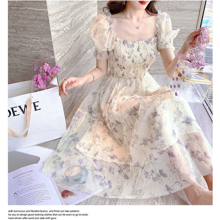 Summer Tea Break French Ink Painting Waist Slimming Temperament Ladies White Chiffon Dress Women's Shopping Mall Same Style