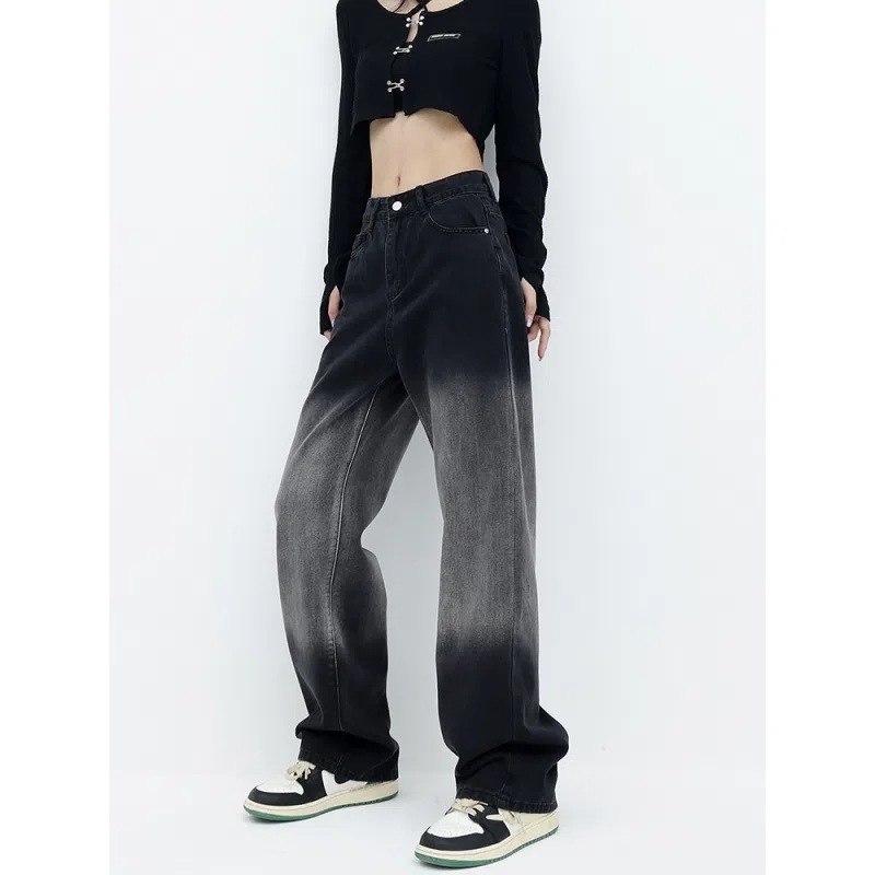 Women's Large Size Black Wash Water Gradient Straight Jeans Women's Autumn Trendy ins High Waist Slimming Wide Leg Pants