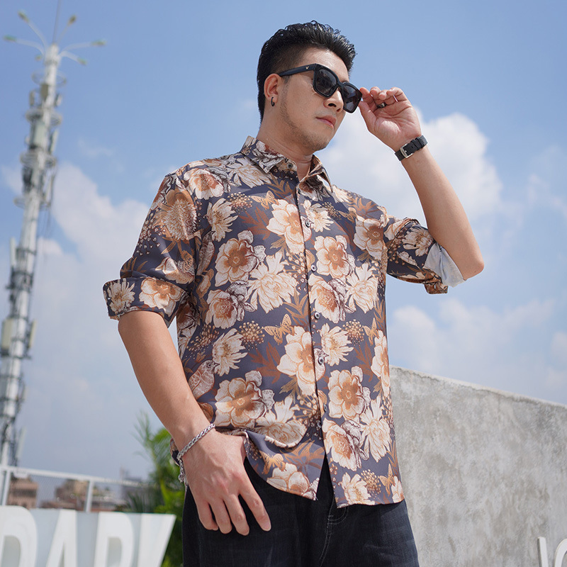 European and American Cross-border plus size Men's Long-sleeved Printed Shirt for Chubby Spring and Autumn Loose Casual Plus Large Size Shirt