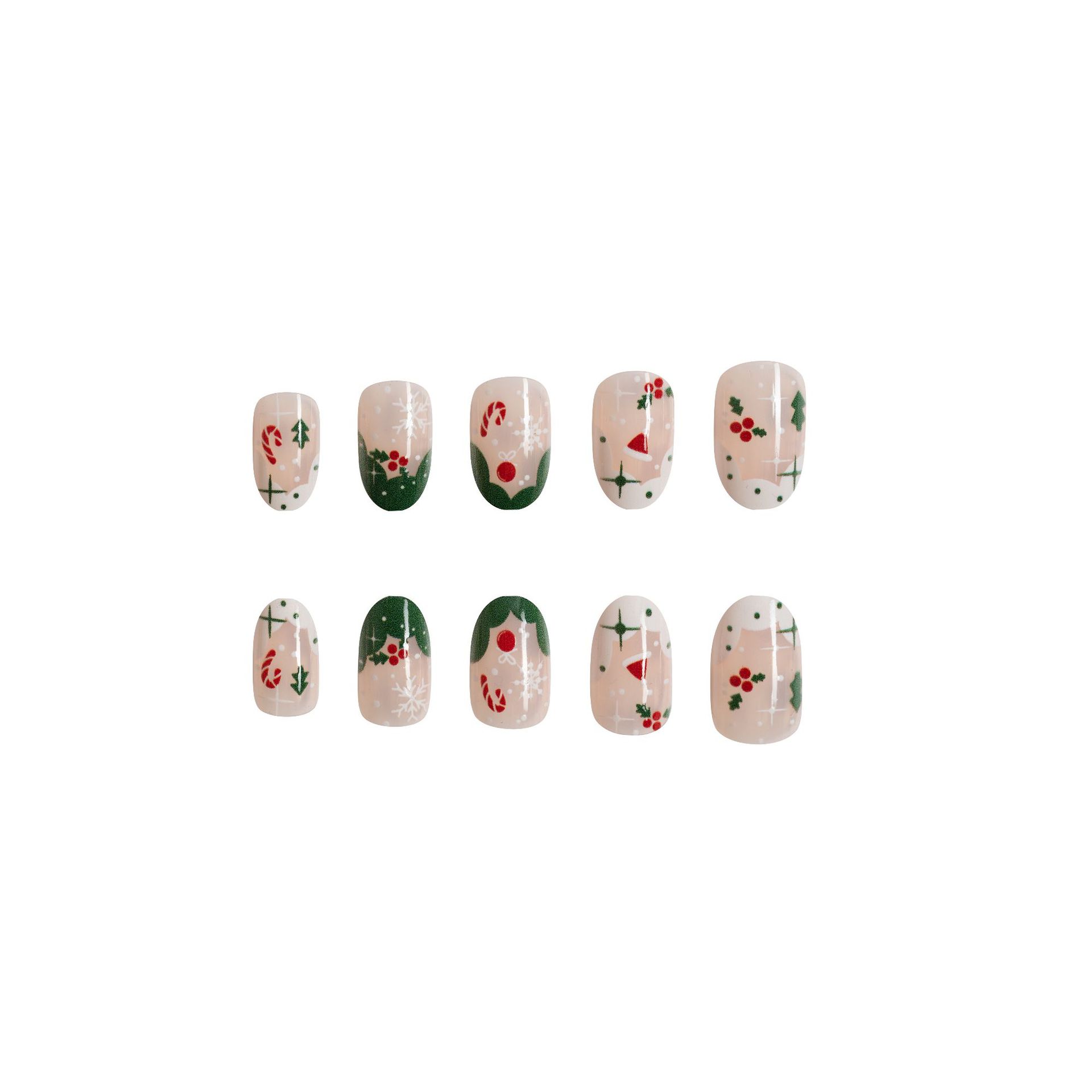 Short Christmas short round nail beauty piece Christmas gift snowflake sweet cool wear nail contrast color nails 24 pieces_voghion.com
