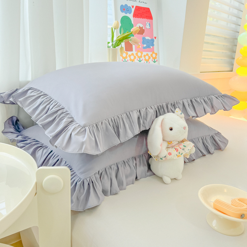 2025 factory direct Korean princess style solid color washed cotton ruffled pillowcase ins style pillowcase single product