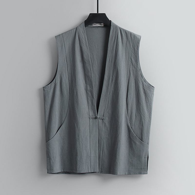 Summer Thin Linen Sleeveless Vest Men's Chinese Style Cotton and Linen Buckle Vest Vintage Chinese Style Tang Coat Loose Waistcoat
