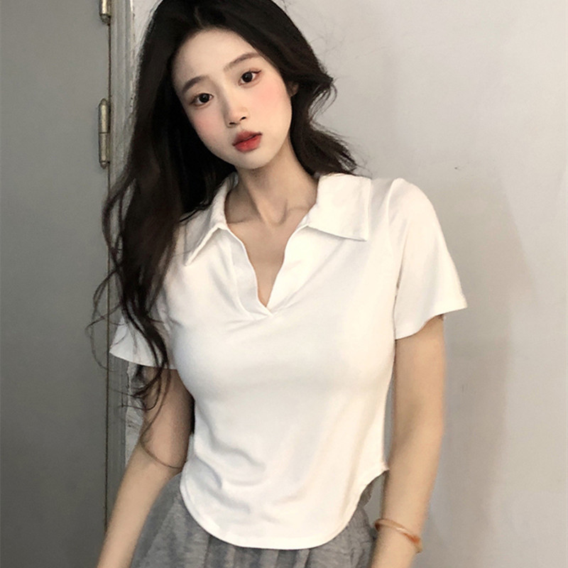 Short-sleeved T-shirt Women's Short Shoulder Tight T-shirt Summer Niche Design Sense American Style Vintage Hot Girl Top Clothes polo Sugiyama