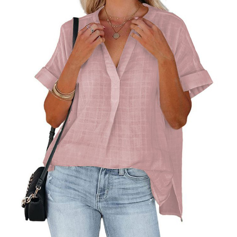European and American Foreign Trade Women's 2023 Amazon Summer New Short-sleeved Thin V-neck Pullover Shirt Loose Shirt for Women