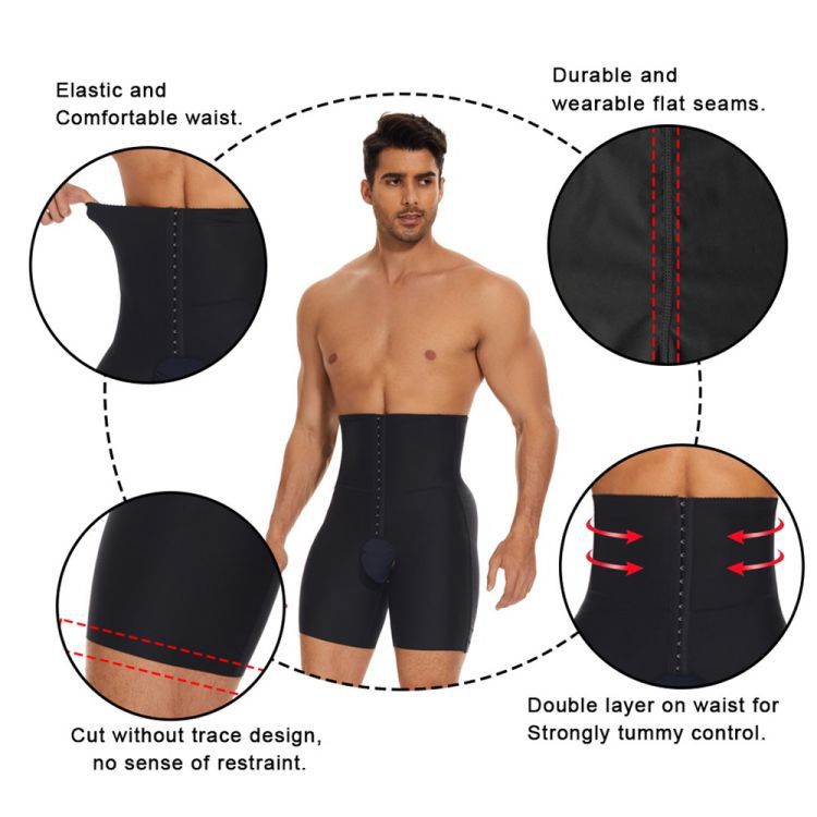 Cross-Border Men's breathable breasted plastic waist hip lifting plastic leg high waist body shaping pants fifth pants belly contracting waist shaping pants