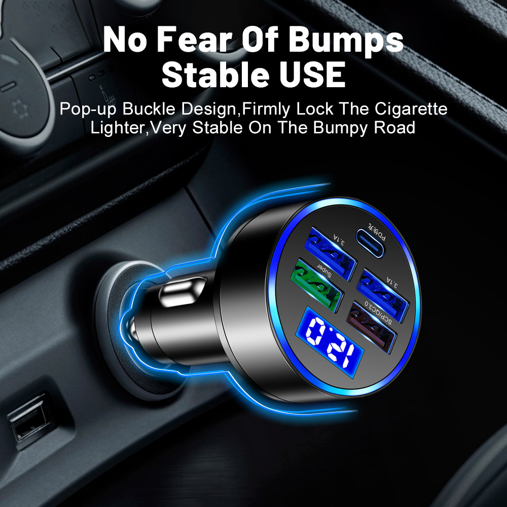 Five-in-one car charger with digital display 5-port car charger with voltage one drag 5-port car charger supports super fast