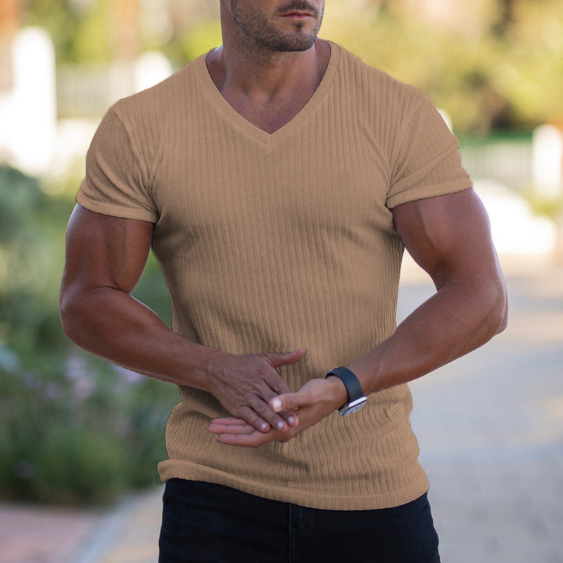 wish Amazon Europe and the United States cross-border foreign trade men's summer sports fitness leisure solid color v neckline short sleeve men