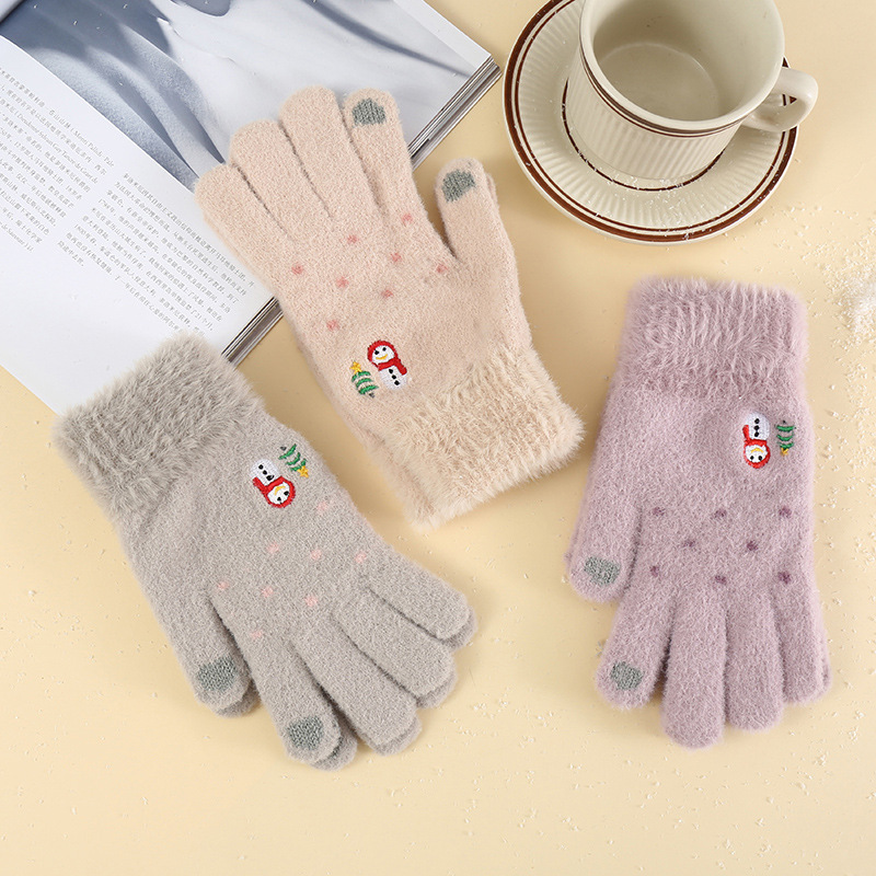 Gloves women's winter plus velvet padded snowman outdoor cold-proof plush warm cute knitted touch screen gloves wholesale