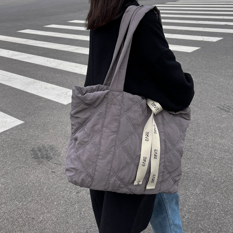 Space Cotton Tote Bag Women's 2024 New Arrival Shoulder Hand Carrying Autumn and Winter Commuter Large Bag Rhombic Cotton Bag Women's Bag
