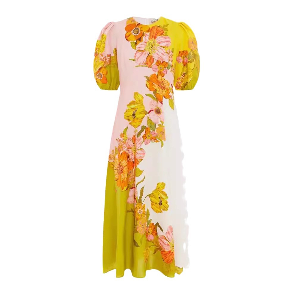 European and American cross-border 2024 New AliExpress independent station printing fashion puff sleeve all-match slim fit large swing dress