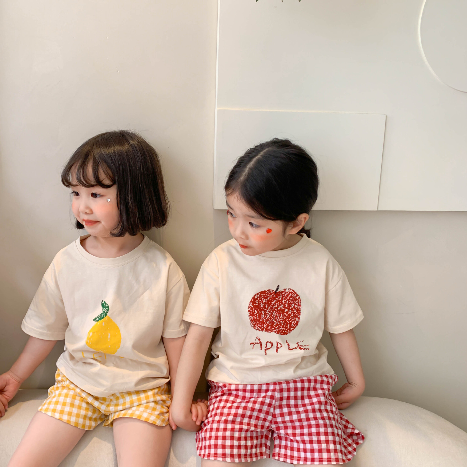 Wheat Field Season 23 Summer New South Korea Children's Suit Children's Fruit Short-sleeved T-shirt Cotton Plaid Shorts Baby suit