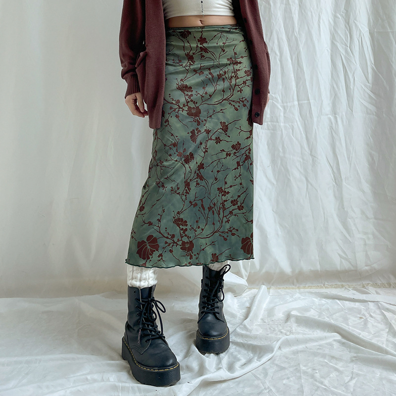 New Chinese Printed Retro Style Skirt 2022 Autumn New Mori Style Fresh Low Waist Contrast Color A- line Mid-length Dress