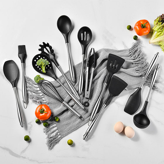 12-piece set of stainless steel hollow handle silicone kitchenware set kitchen storage bucket cooking spatula and spoon egg beater set