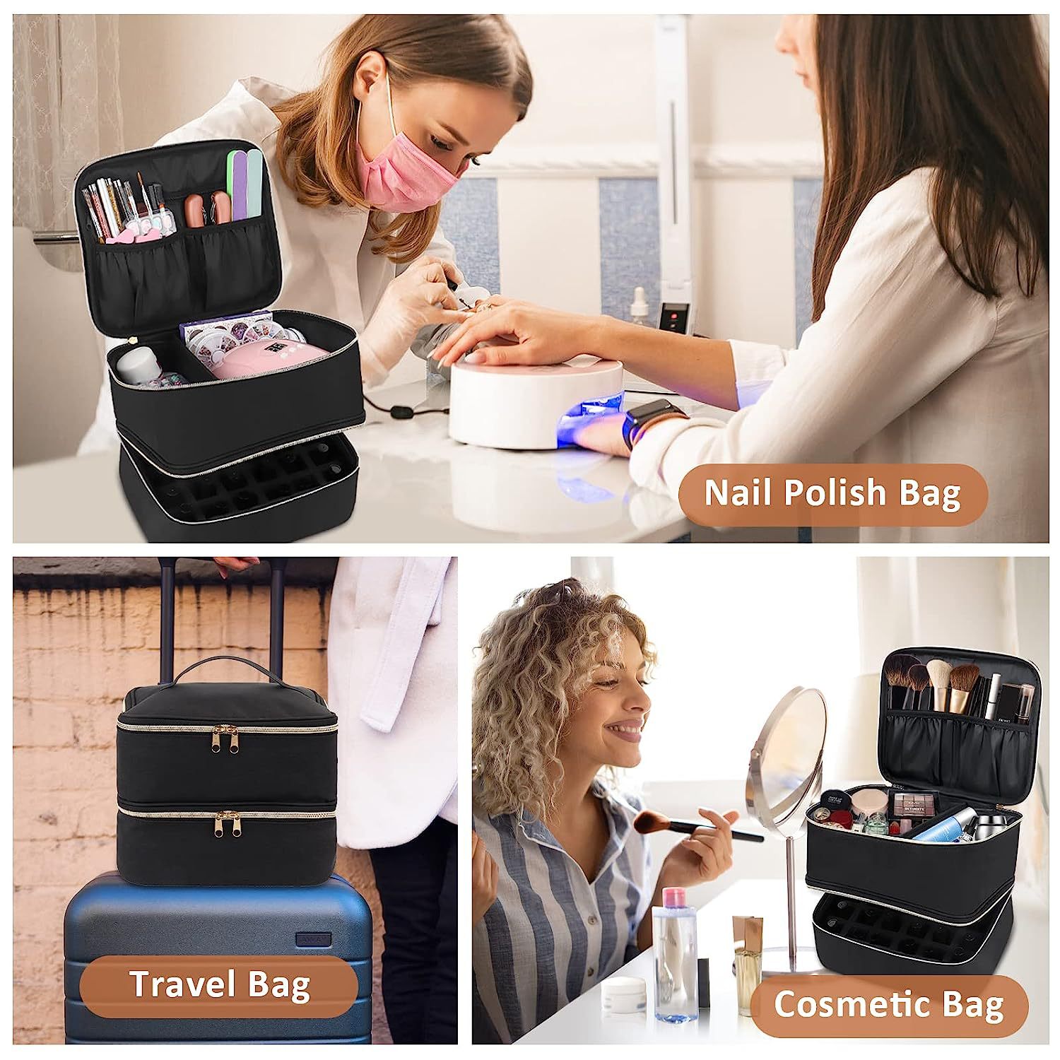 Amazon new nail polish carrying bag double layer nail polish storage bag can hold 30 bottles cosmetic bag storage bag