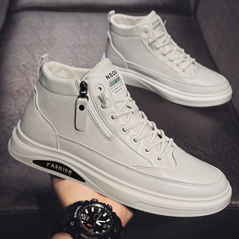 2024 spring men's shoes new breathable high-top shoes men's trendy versatile non-slip wear-resistant casual leather shoes board shoes men