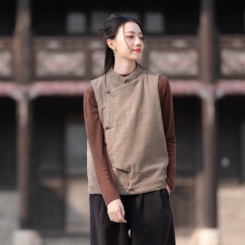 23 cotton and linen women's clothing New National style vintage buckle cotton vest top women's sand wash linen quilted warm vest_voghion.com