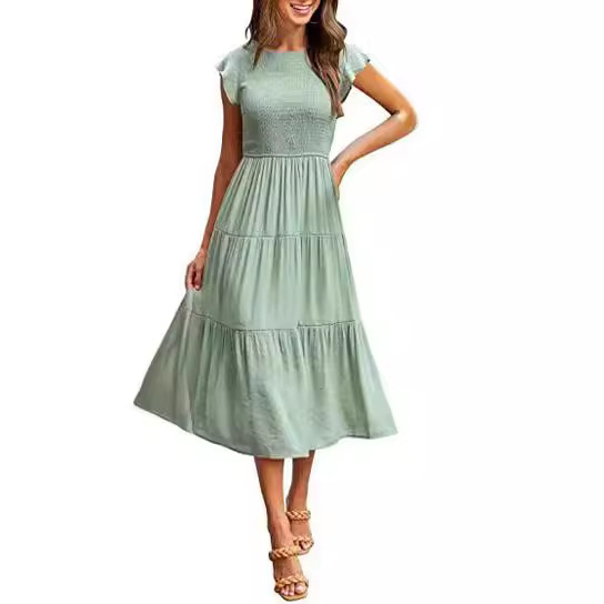 2022 Europe and the United States foreign trade cross-border women's clothing Amazon explosive flying sleeve pleated layered short sleeve large pendulum dress